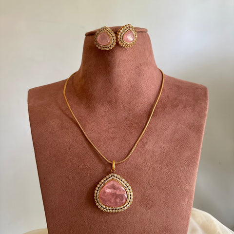 Matte tear drop CZ pendant set- Pink