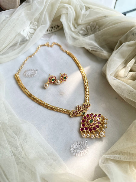 Gold CZ Ruby-Green pendant muruku chain set