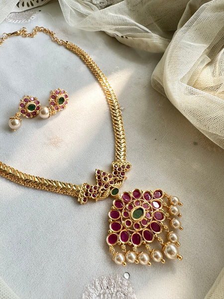 Gold CZ Ruby-Green pendant muruku chain set