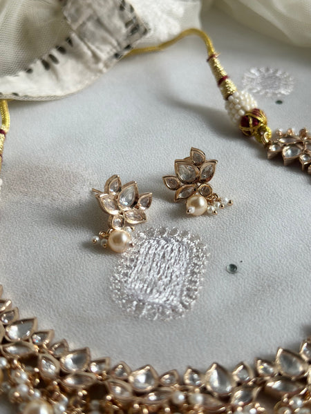 Polki Lotus Pearl cluster drops neckset