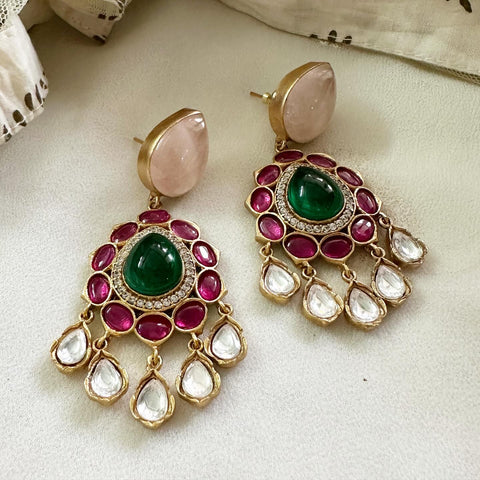 Pink Kundan Jadau tear drop floral drop earrings