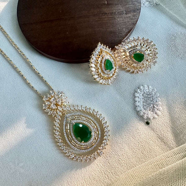 Green CZ tear drop floral pendant set