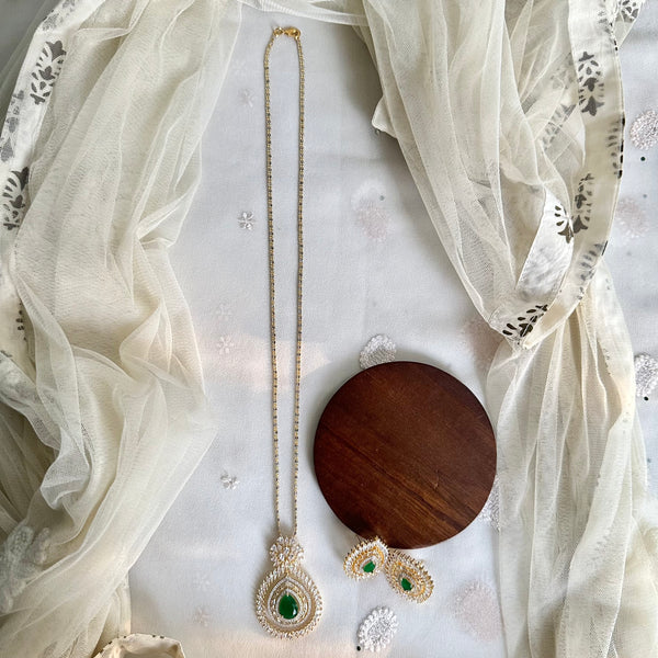 Green CZ tear drop floral pendant set