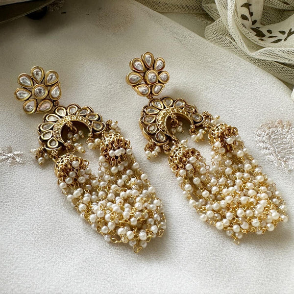 Antique kundan flower with pearl tassel connect long earrings - Adorna