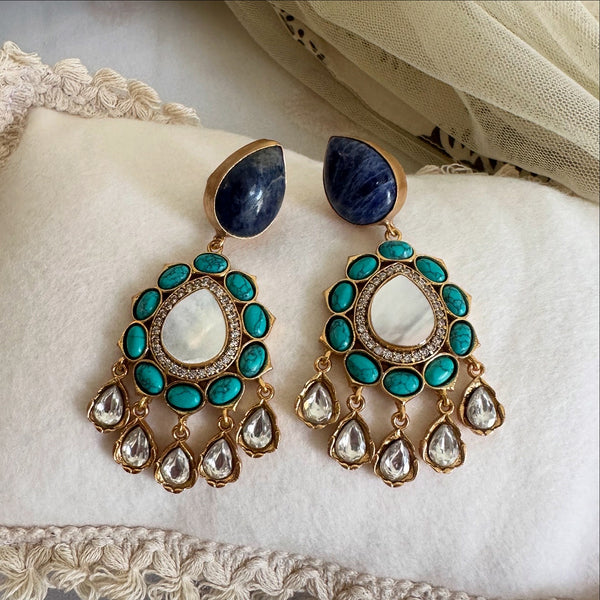 Kundan Jadau tear drop floral drop earrings - All Blues