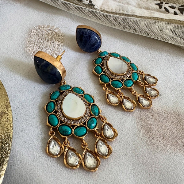 Kundan Jadau tear drop floral drop earrings - All Blues