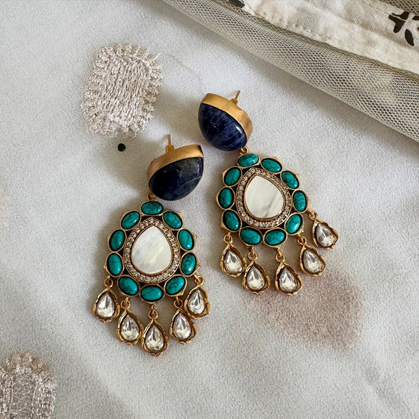 Kundan Jadau tear drop floral drop earrings - All Blues