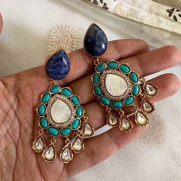 Kundan Jadau tear drop floral drop earrings - All Blues