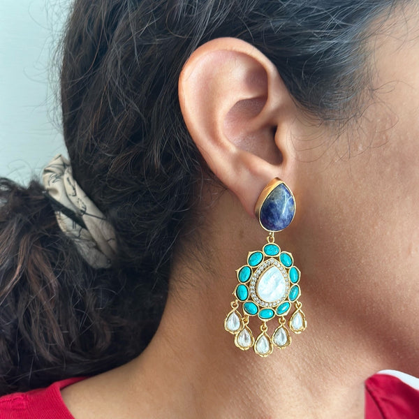 Kundan Jadau tear drop floral drop earrings - All Blues