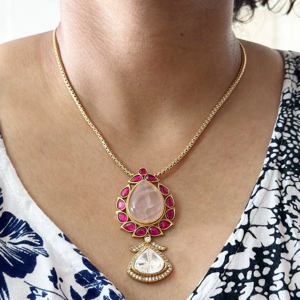 Kundan Jadau Pale Pink-Ruby tear drop Pendant set