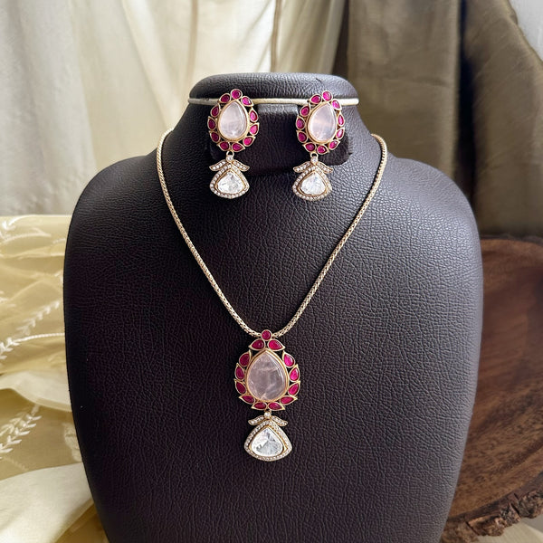 Kundan Jadau Pale Pink-Ruby tear drop Pendant set