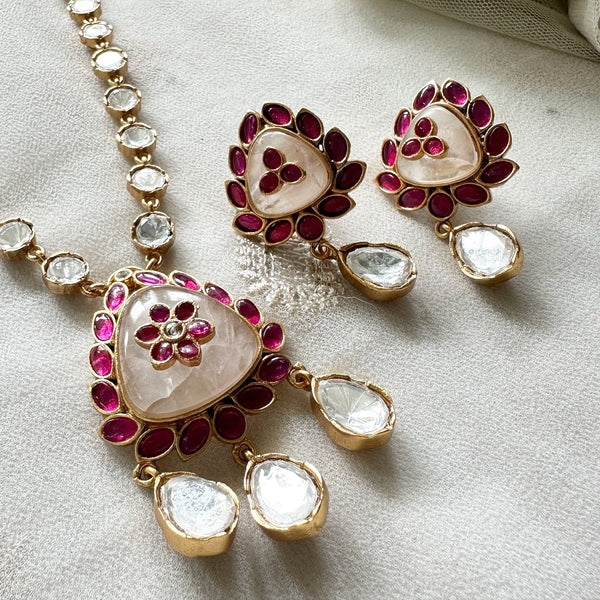 Kundan Jadau & Polki Pale Pink-Ruby floral Butta short set