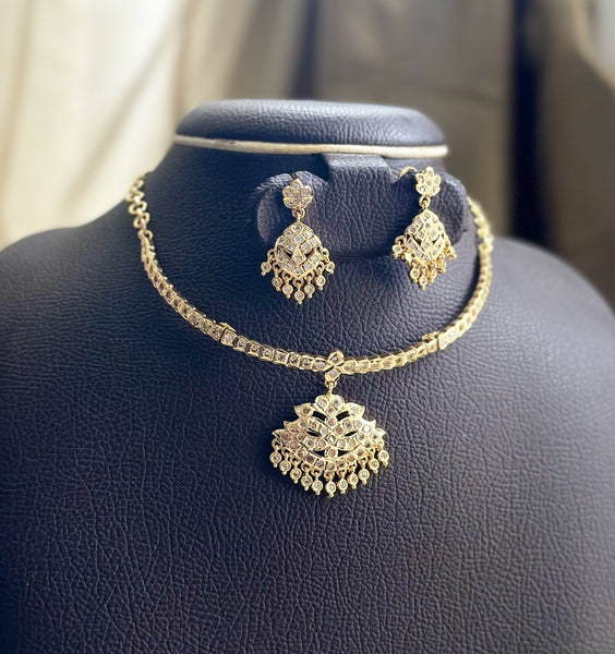 Traditional AD gold attigai with drop studs - White