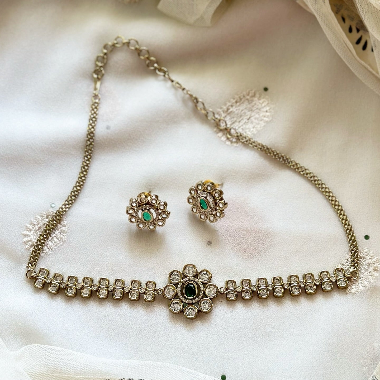 Victorian floral CZ delicate choker set