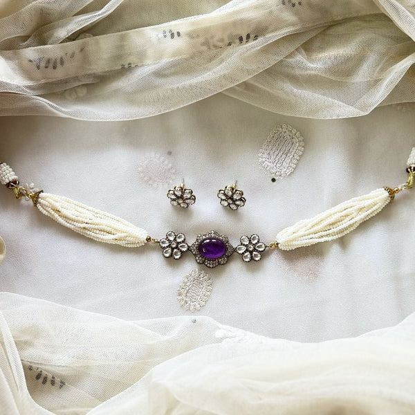 Victorian flower-bauble choker set - Purple