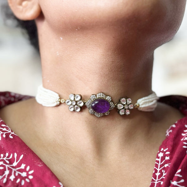 Victorian flower-bauble choker set - Purple