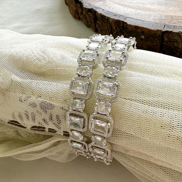 Silver rectangle diamond bangles - set of 2 - Full white - Adorna