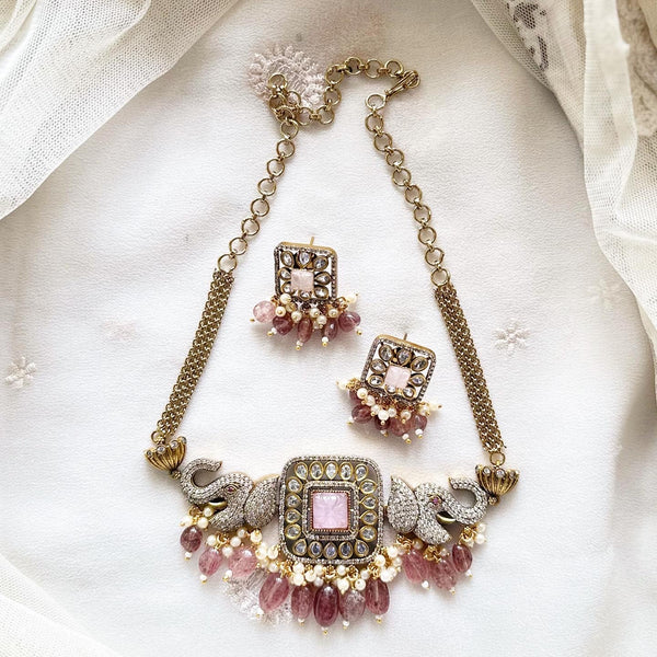 Rustic Victorian CZ studded Pink Haathi choker set