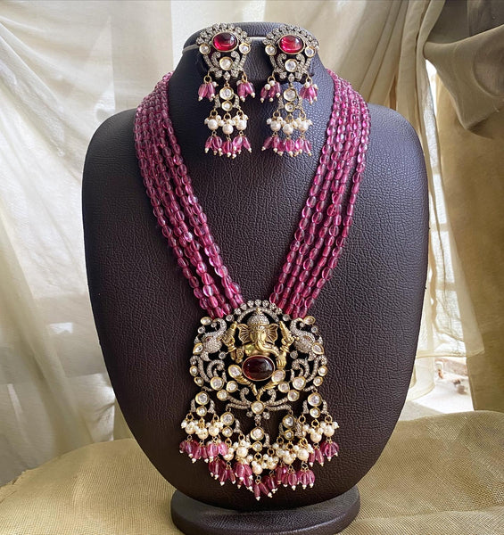 Ganesha polki kundan beaded jewellery - Ruby Pink