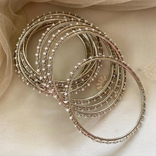 Fancy silver white beaded bangles - set of 12