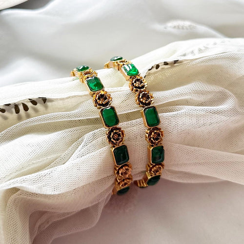 Floral Alt rectangle kemp bangles - set of 2 - Full Green
