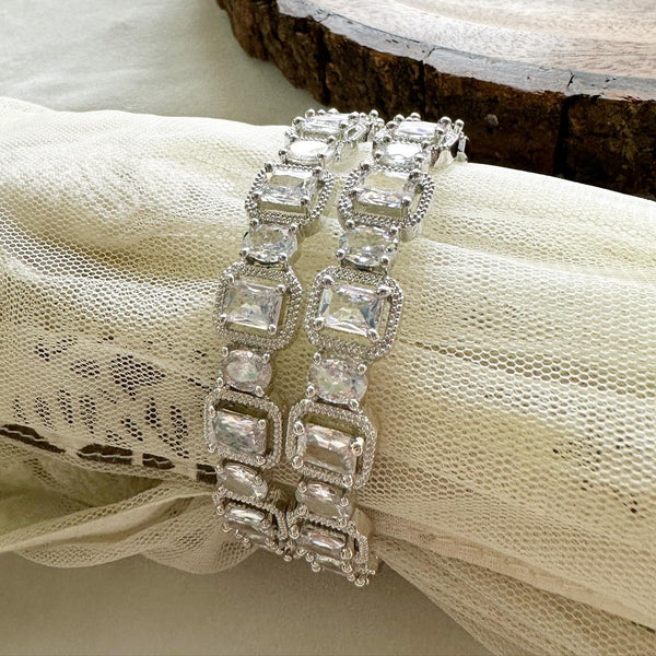 Silver rectangle diamond bangles - set of 2 - Full white