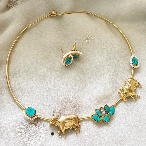 Turquoise gold Bull-Lotus kundan hasli set - Adorna