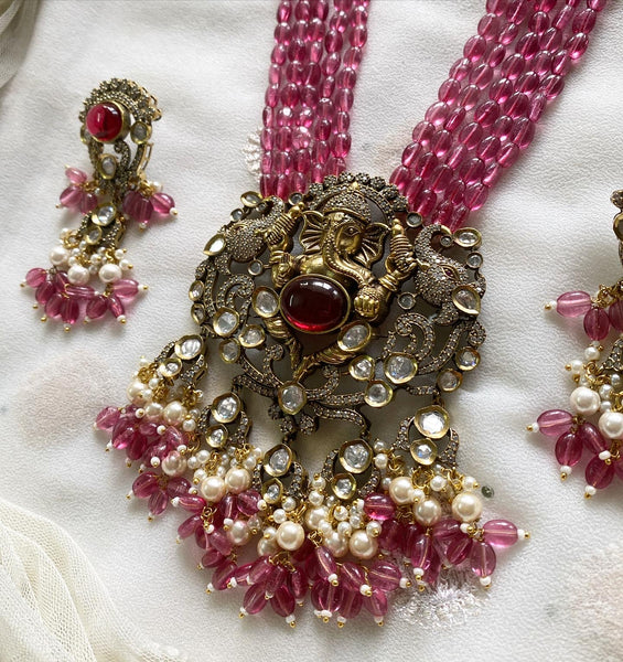 Ganesha polki kundan beaded jewellery - Ruby Pink