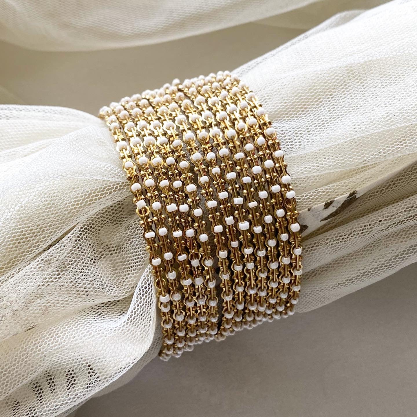 Fancy Gold white beaded bangles - set of 12