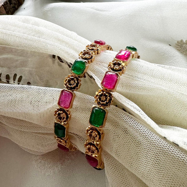 Floral Alt rectangle kemp bangles - set of 2 - Ruby-Green