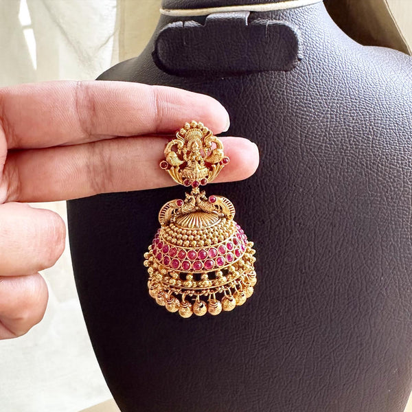 Lakshmi Peacock dot jumkhas - Full Ruby