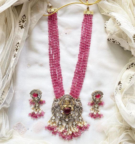 Ganesha polki kundan beaded jewellery - Ruby Pink - Adorna