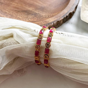 Floral Alt rectangle kemp bangles - set of 2 - Full Ruby