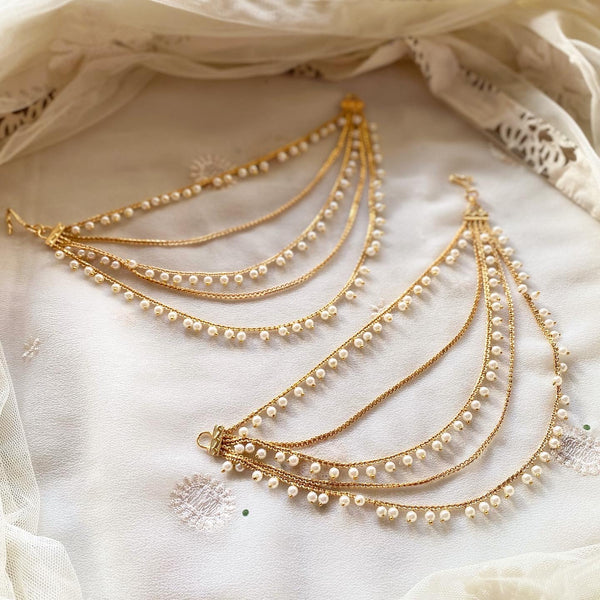 5 line antique pearl drops maatal/ear chain - Adorna