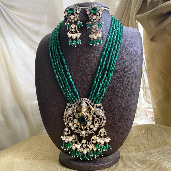 Ganesha polki kundan beaded jewellery - Green