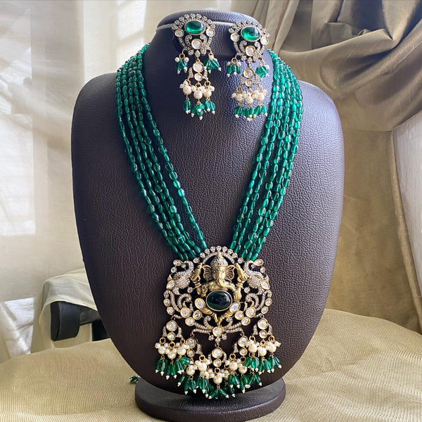 Ganesha polki kundan beaded jewellery - Green - Adorna