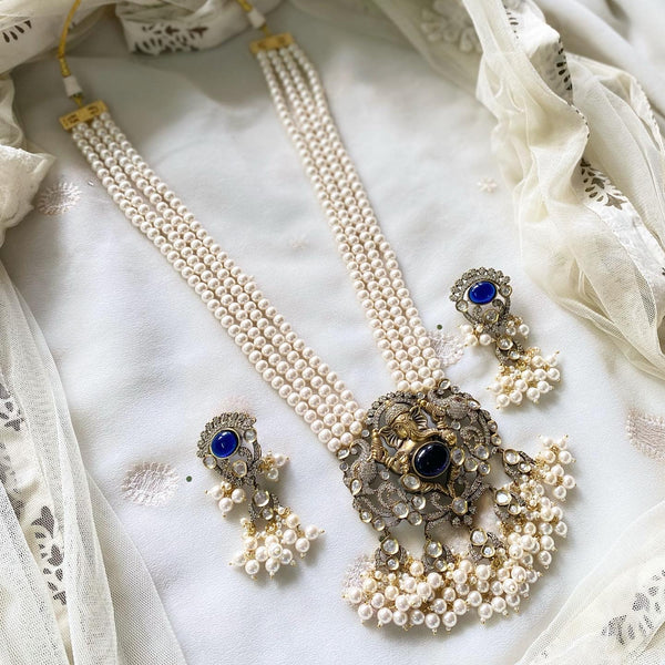 Ganesha polki kundan beaded jewellery - Blue Pearl