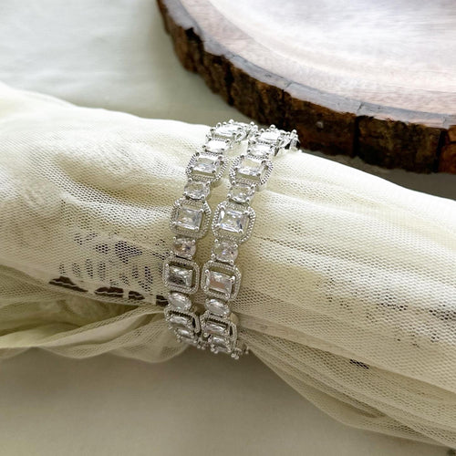 Silver rectangle diamond bangles - set of 2 - Full white