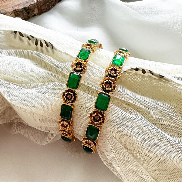 Floral Alt rectangle kemp bangles - set of 2 - Full Green