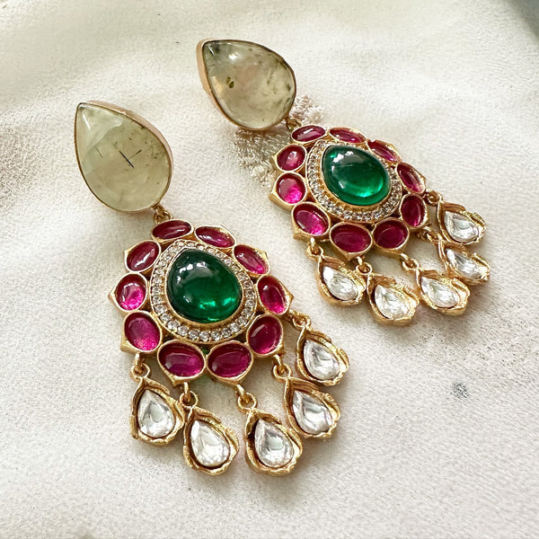 Kundan Jadau tear drop floral drop earrings - Pale Green