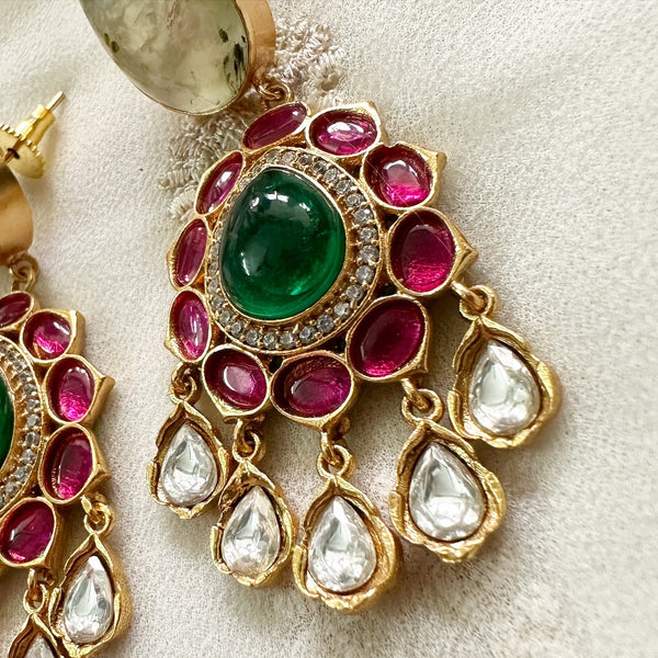 Kundan Jadau tear drop floral drop earrings - Pale Green