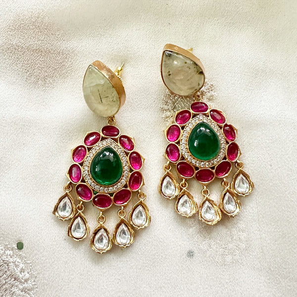 Kundan Jadau tear drop floral drop earrings - Pale Green