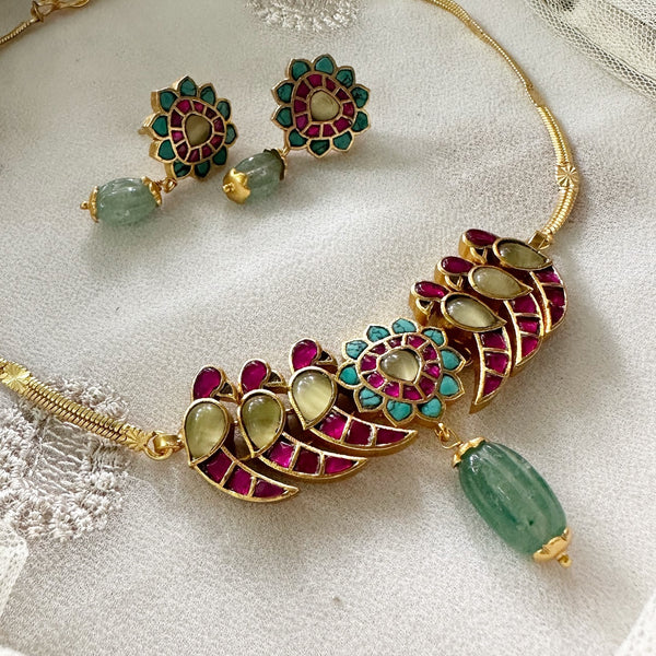 Kundan Jadau Parrot coker set - Turquoise-Green