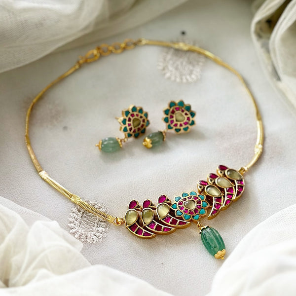 Kundan Jadau Parrot coker set - Turquoise-Green