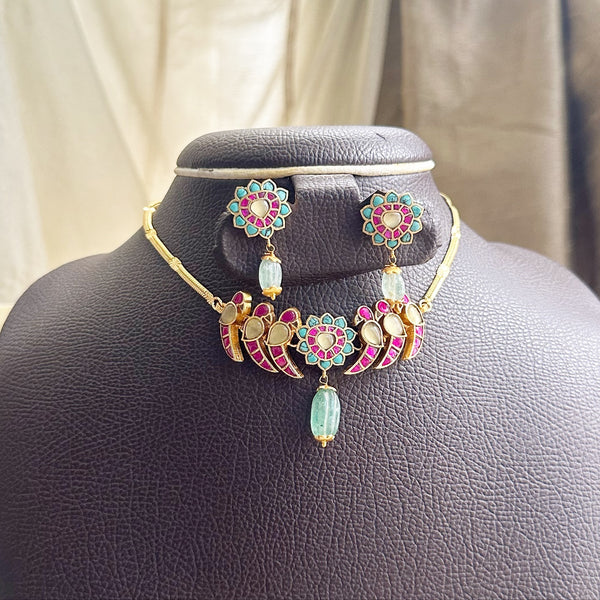 Kundan Jadau Parrot coker set - Turquoise-Green