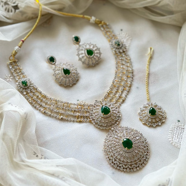 Bridal AD tear drop rows short haaram set - Green