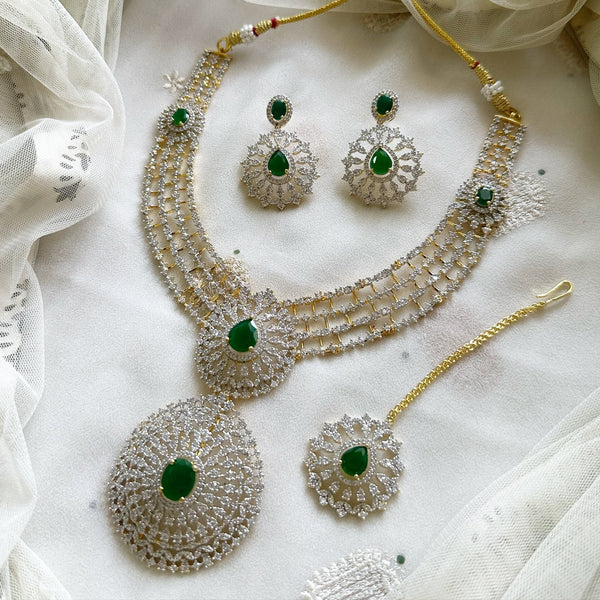 Bridal AD tear drop rows short haaram set - Green