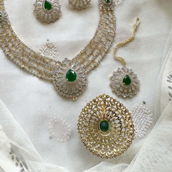 Bridal AD tear drop rows short haaram set - Green