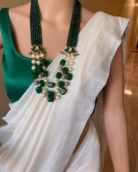 Lotus pendant beaded long mala - Green - Adorna