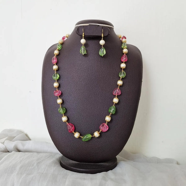Pink Green Beaded pearl mala set - Adorna